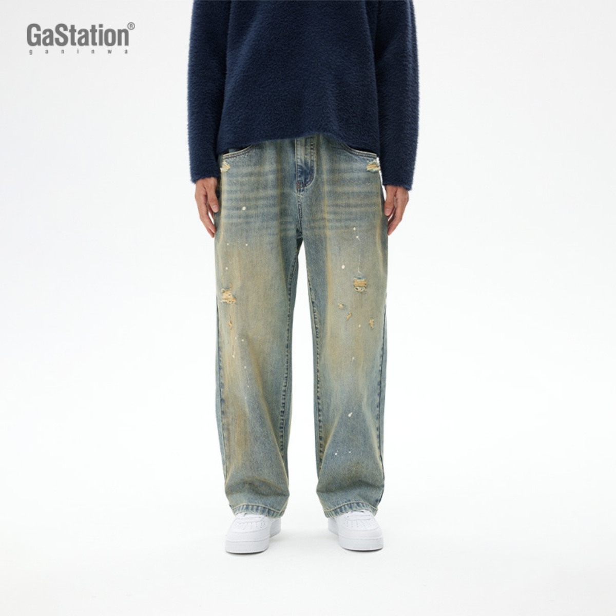 gastation牛仔裤复古破坏风美式