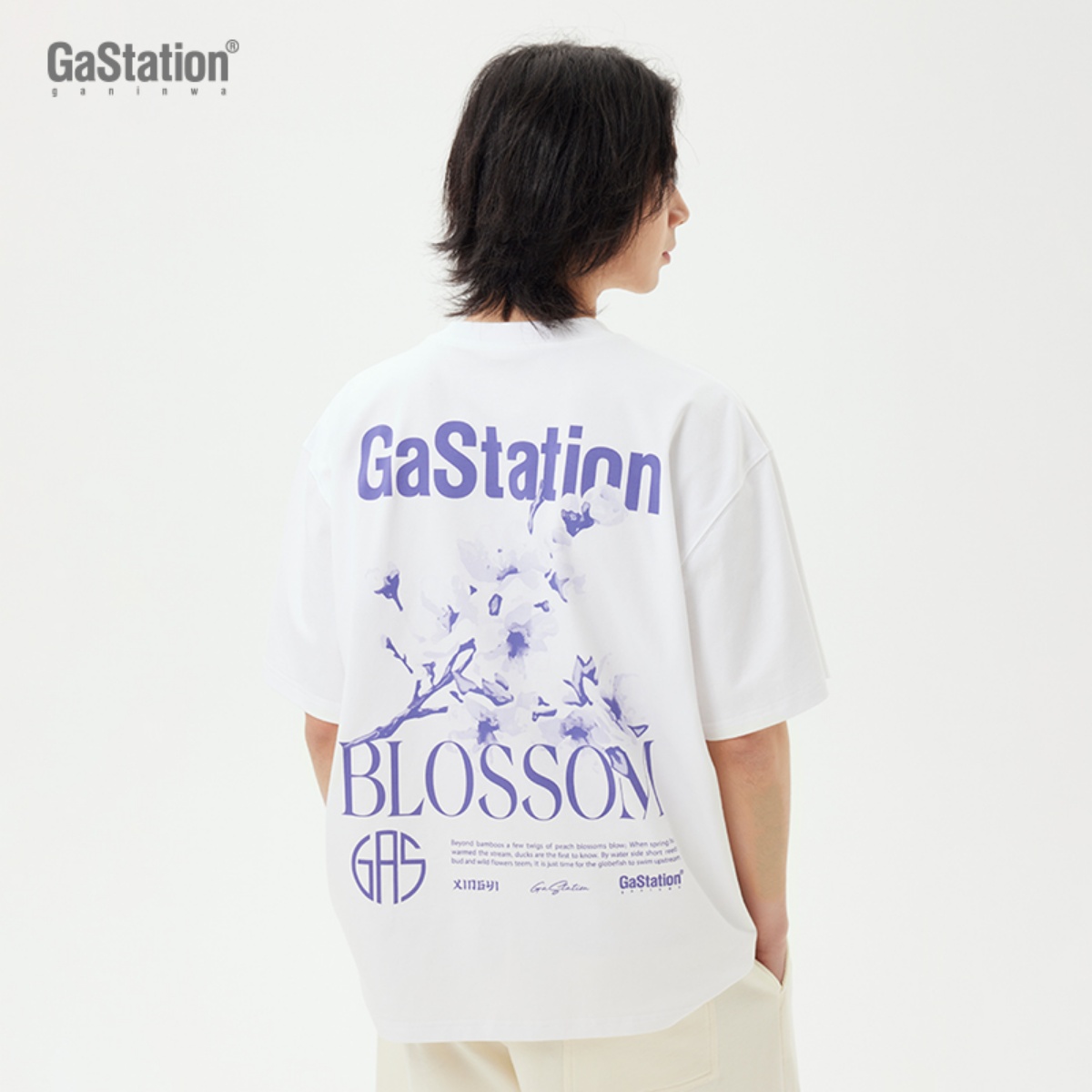 Gastation水墨桃花T恤印花短袖