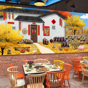 乡村土墙壁纸铁锅炖柴火鸡背景墙面装饰墙纸饭店农家院土菜馆壁画