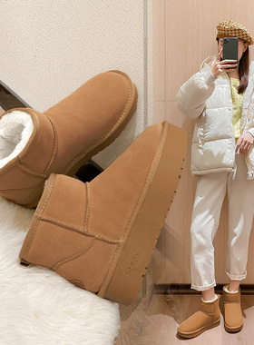 【真皮雪地靴女】新款冬短筒厚底增高短靴加厚加绒保暖棉鞋