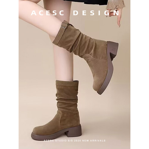 网红爆款粗跟褶皱堆堆靴女2025春秋新款复古增高小个子显瘦马丁靴