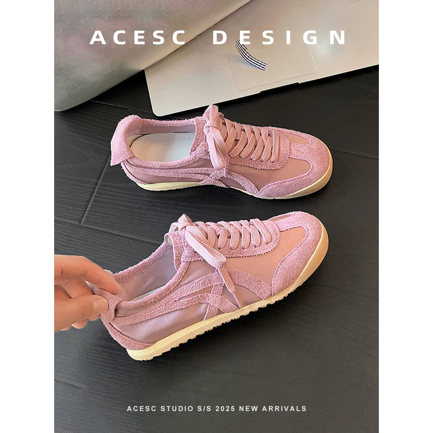 头层牛皮+冰丝网布透气复古德训鞋女2025新款系带休闲鞋运动板鞋