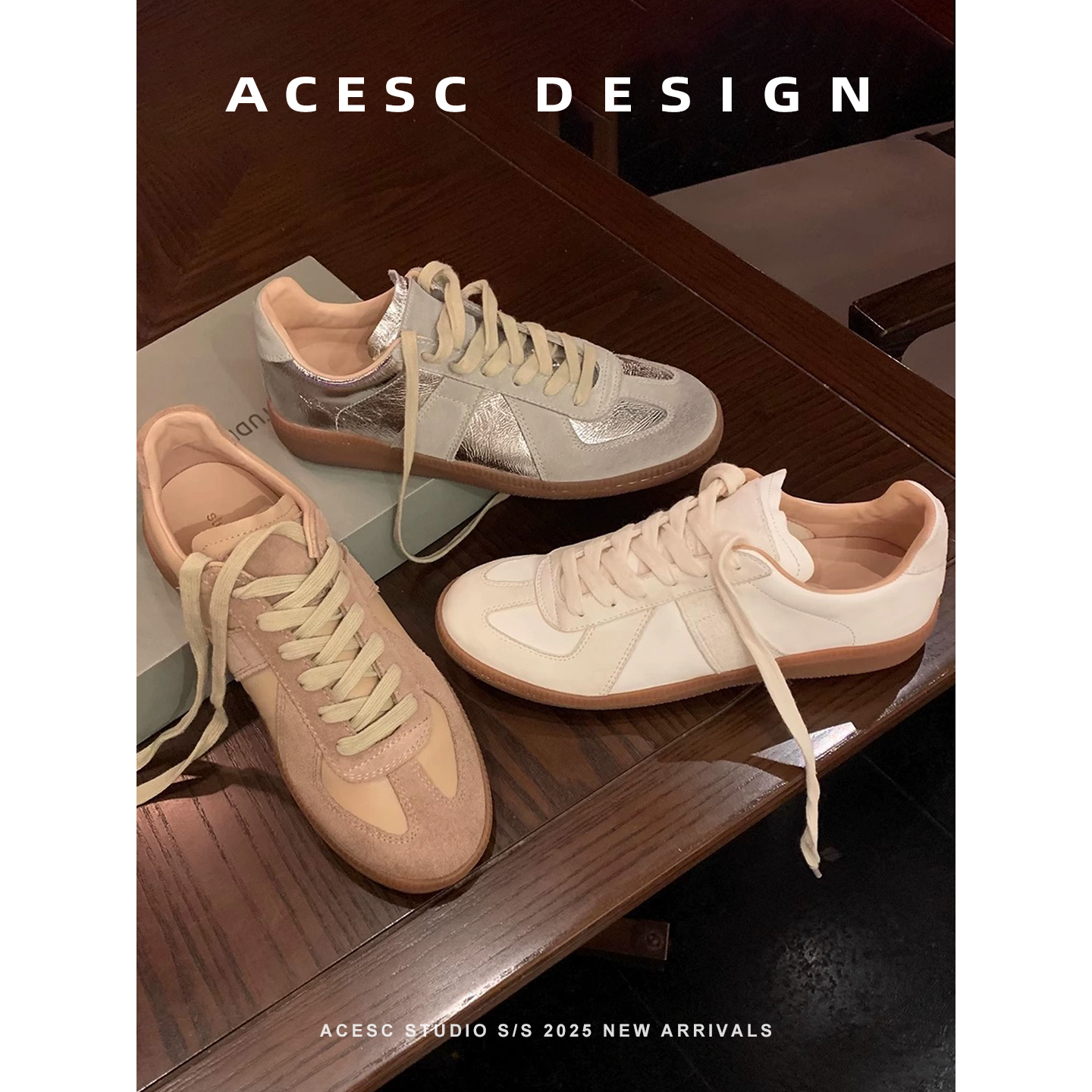 Acesc/艾斯臣复古真皮拼色圆头厚底德训鞋女夏季百搭休闲板鞋