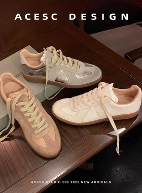 Acesc/艾斯臣复古真皮拼色圆头厚底德训鞋女夏季百搭休闲板鞋