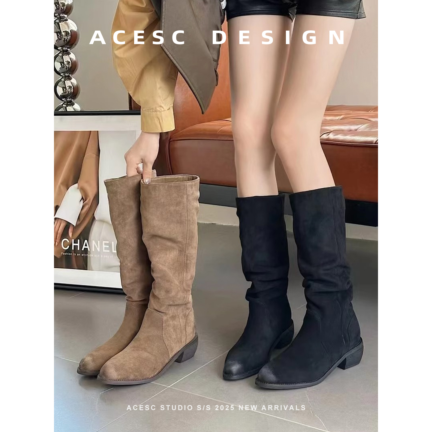 中跟长筒靴女靴欧美新款显瘦性感尖头磨砂褶皱方根高筒靴