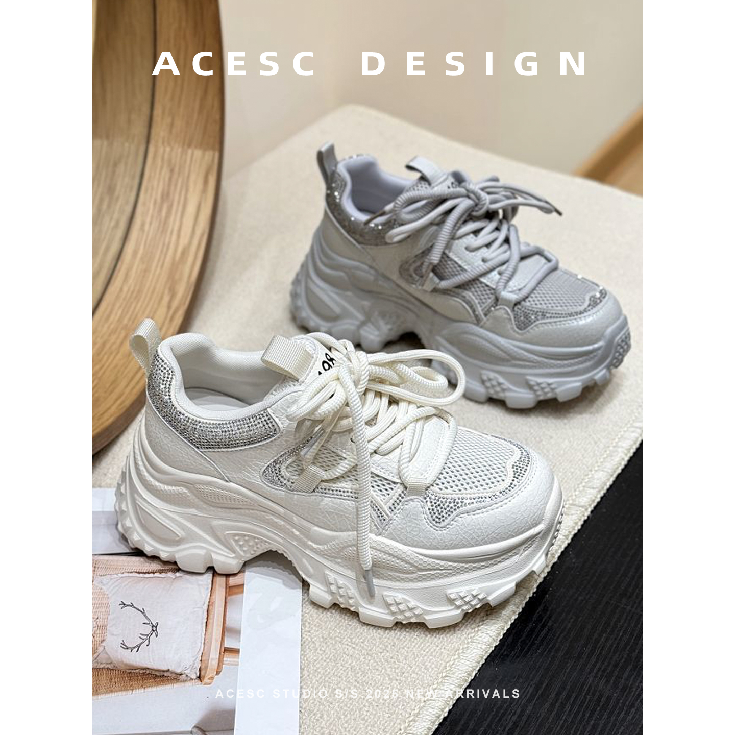 真皮镂空甜酷松糕网面老爹鞋女2025新款夏百搭厚底水钻透气运动鞋