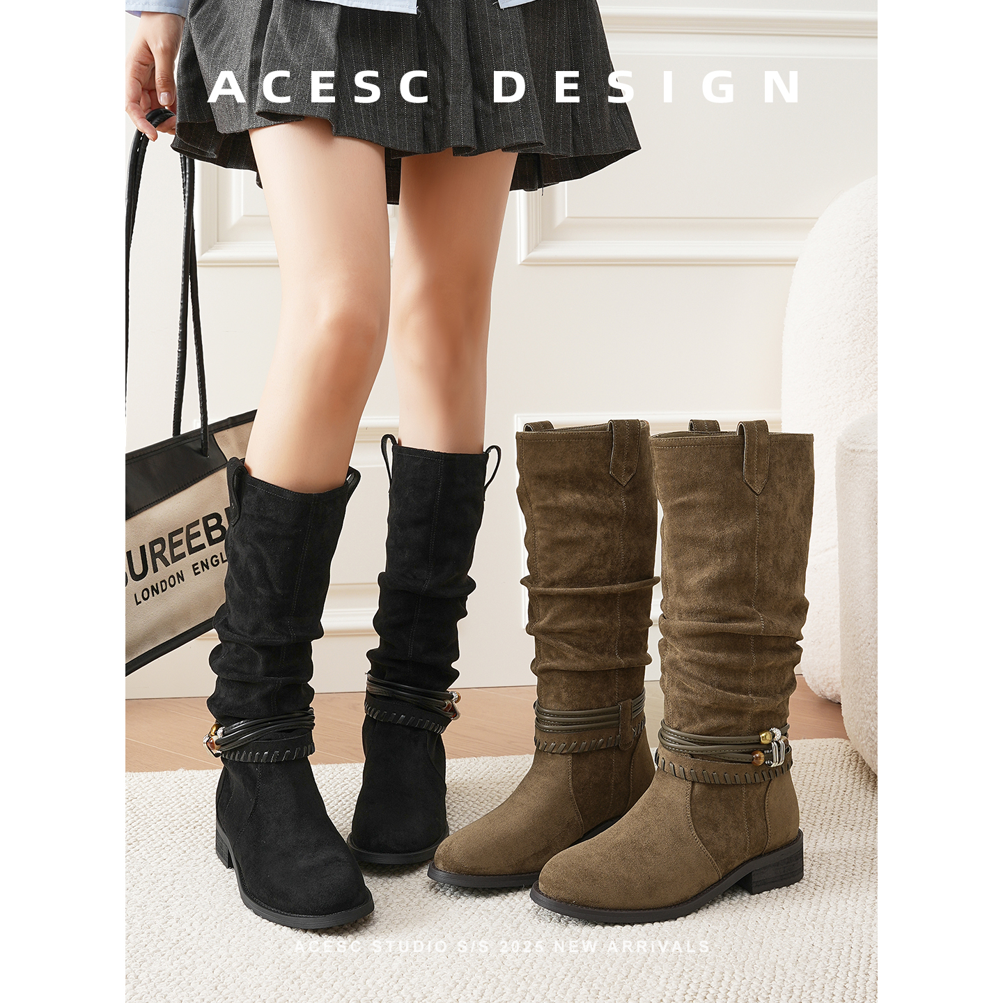 Acesc/艾斯臣2025秋季新款波西米亚风不过膝长靴切尔西时尚堆堆靴