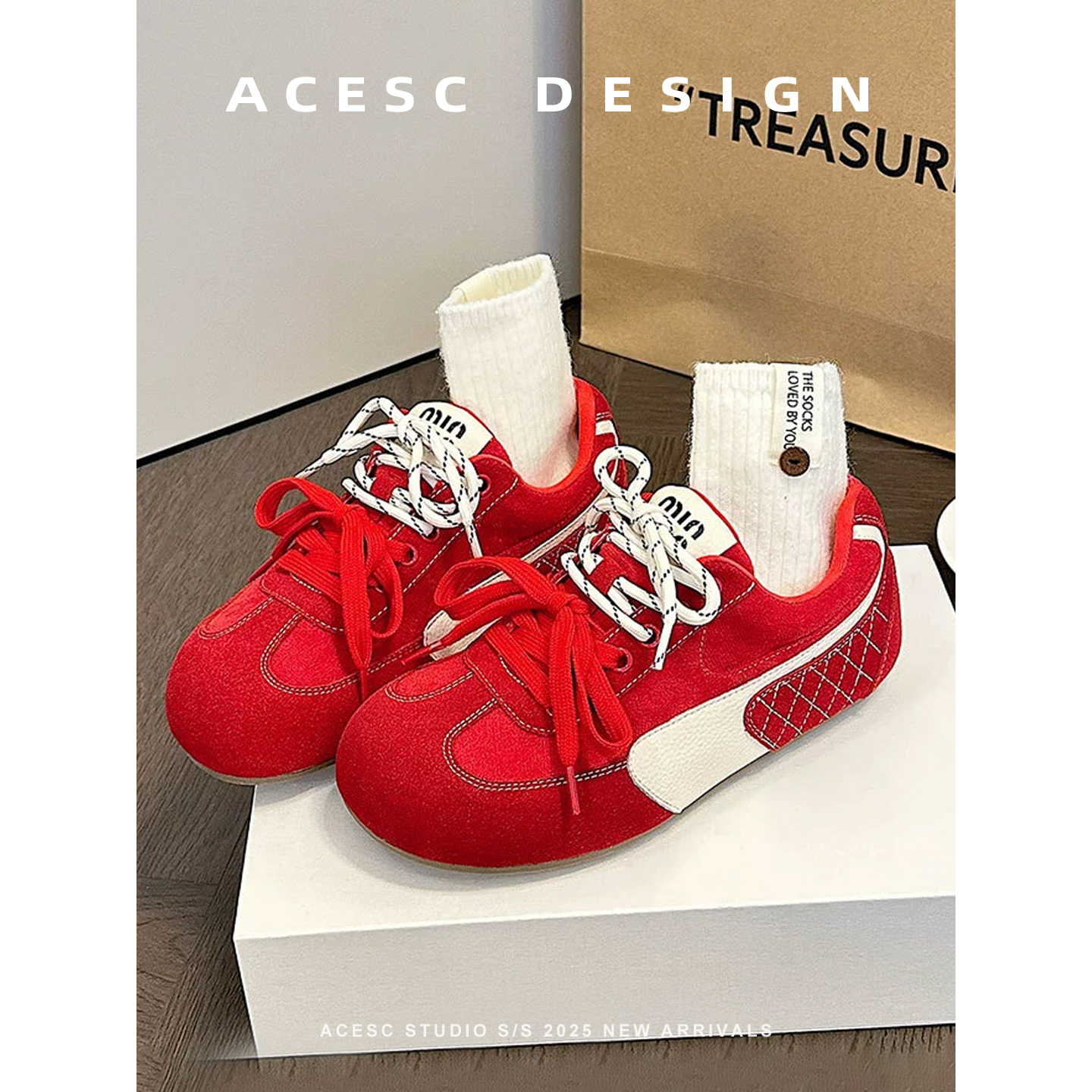 Acesc/艾斯臣德训鞋女2025新款红色内增高丑萌鞋运动休闲阿甘鞋