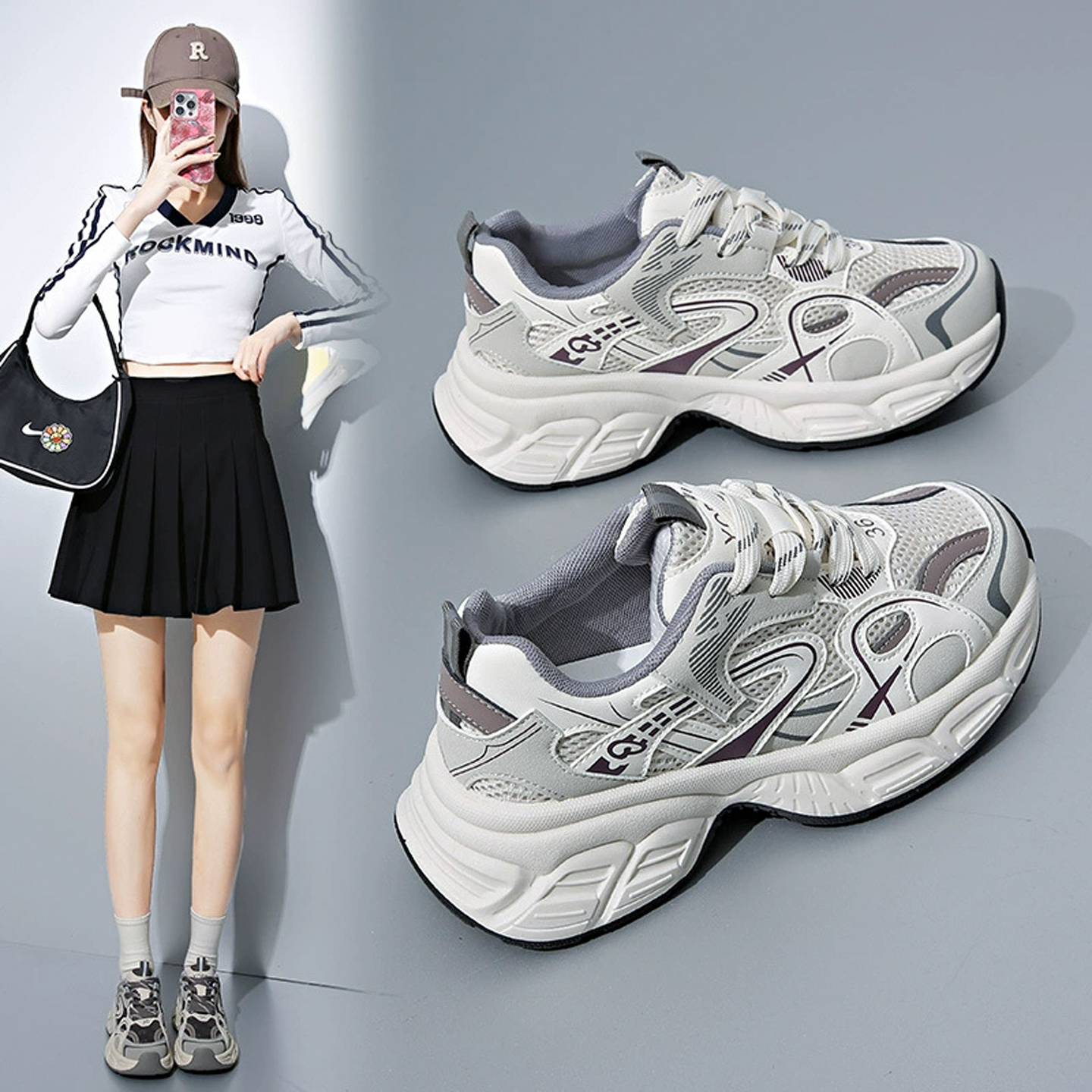 ins韩版新款老爹鞋女2025春季学生休闲网布透气厚底增高女鞋