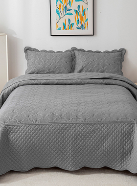 灰色耐脏扇形绗缝被单件夹棉素色床盖三件套水洗柔软床单空调被