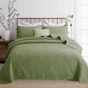 外贸高档纯色全棉单件床单双面绣花绗缝床盖三件套夹棉纯棉空调被