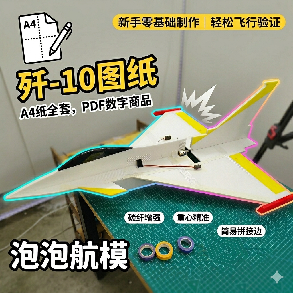 J10 KT板航模电子版图纸A4打印PDF格式遥控飞机DIY含视频制作教程
