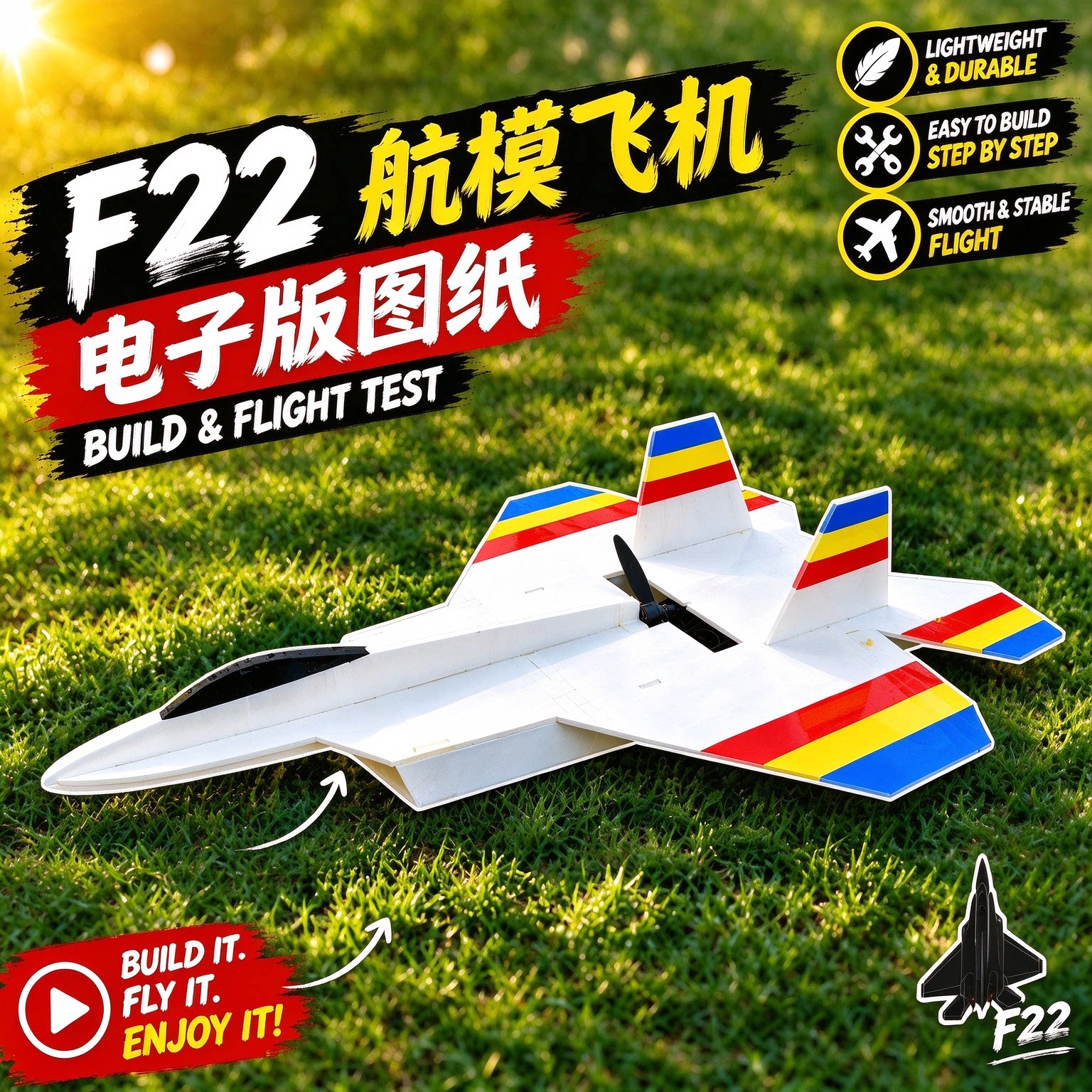 F22航模飞机电子版图纸A4打印KT板机PDF电子图纸含详细视频教程