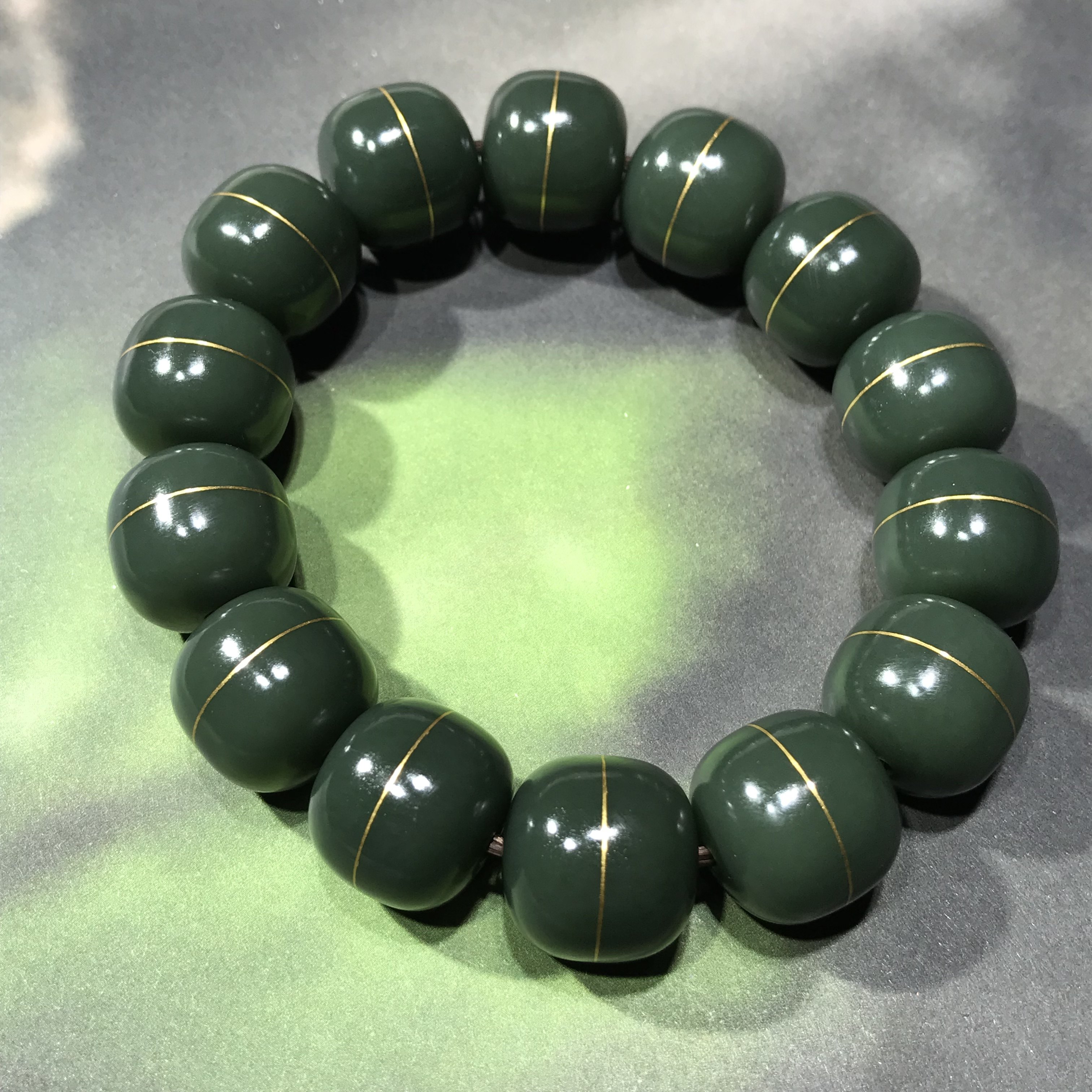 儒贤玉道新疆塔青一级细料24k黄金错金手串已售