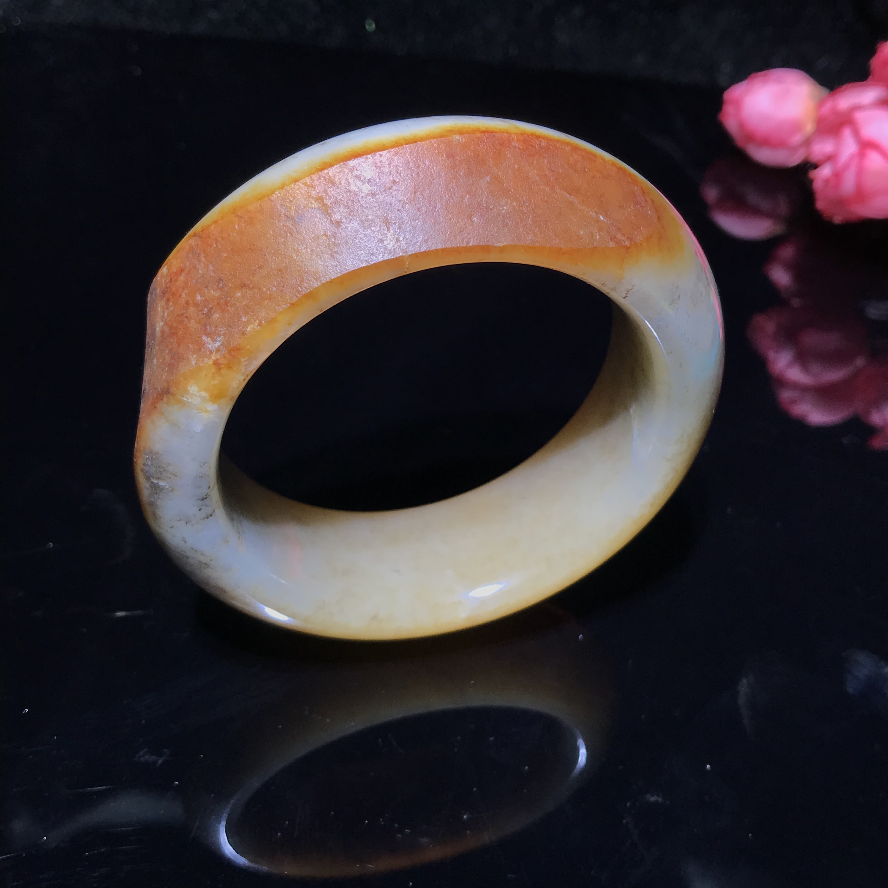 儒贤玉道新疆和田玉特色糖沁水草沁素圈聚美红皮素圈手镯