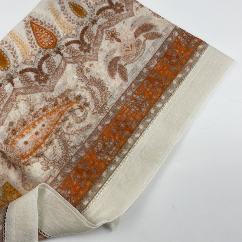 春夏季薄款戒指绒数码印花民族风纯羊绒方巾保暖空调房遮阳围巾女