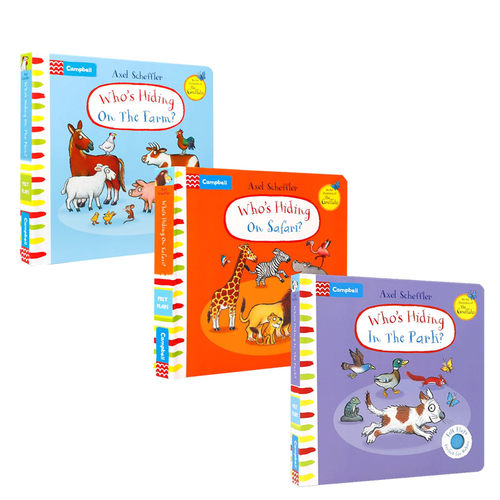 谁躲在 系列3本 Who's Hiding in the Park? /on Safari?/On The Farm? 0-2岁低幼儿童动物认知 亲子互动纸板触摸翻翻书