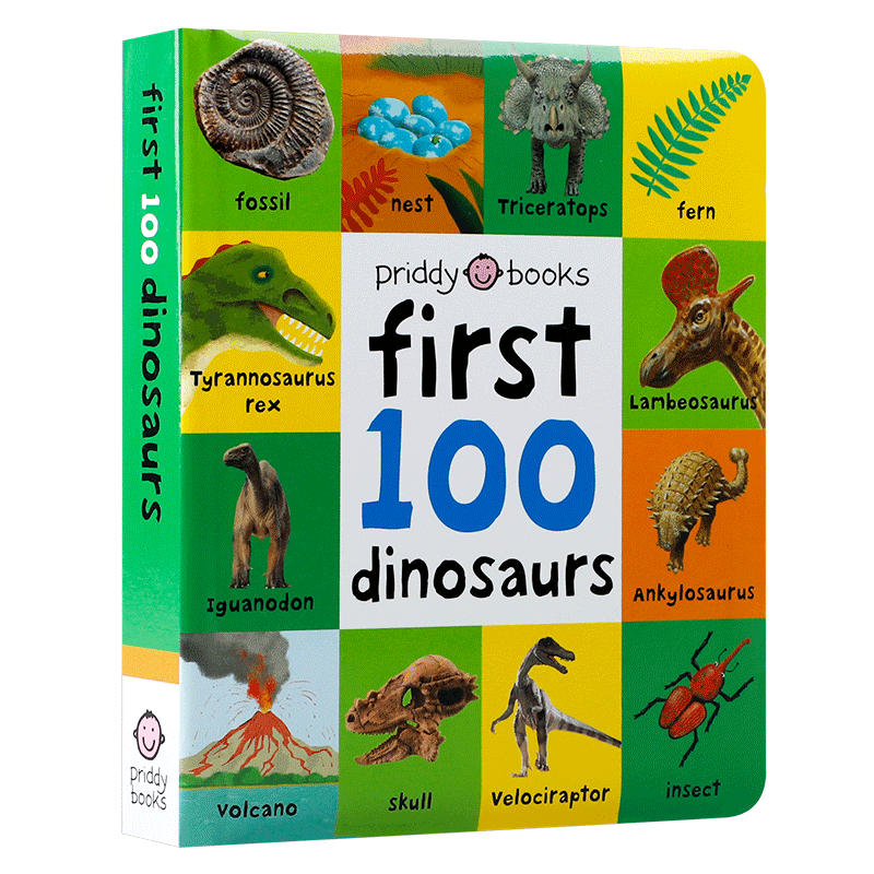 英文原版First 100 Dinosaurs前100个恐龙单词宝宝词汇认知图解词典Animals数字Numbers颜色Colors形状Shapes卡车Trucks农场Farm