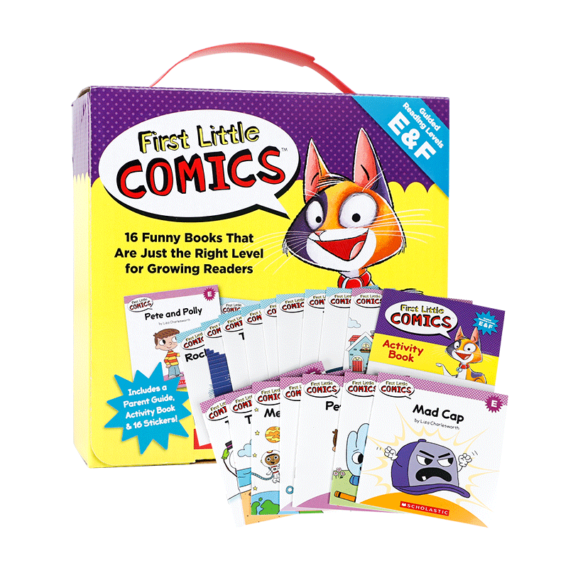 附贴纸英文原版First Little Comics Parent Pack Levels E&F学乐自然拼读初级盒装16册 小读者启蒙漫画亲子篇E和F级 漫画阅读绘本