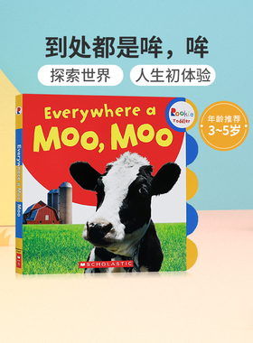 英文原版Rookie Toddler:Everywhere a Moo, Moo到处都是哞，哞 低幼儿童英语启蒙认知绘本宝宝撕不烂纸板书亲子互动