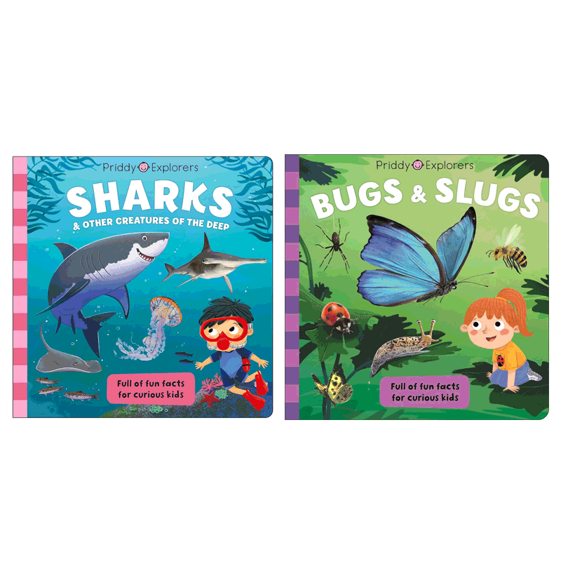 英文原版探索者 系列2本Priddy Explorers: Bugs and Slugs/ Sharks 4-8岁儿童启蒙昆虫主题 自然世界海洋动物丰富插图纸板绘本