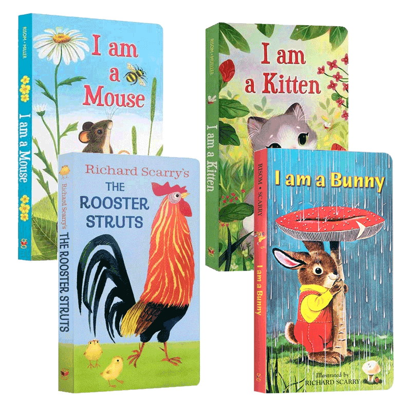 送音频英文原版4册纸板书I am a Kitten/Puppy/mouse The Rooster Struts我是一只小猫咪小狗老鼠儿童英语启蒙iamabunny同系列
