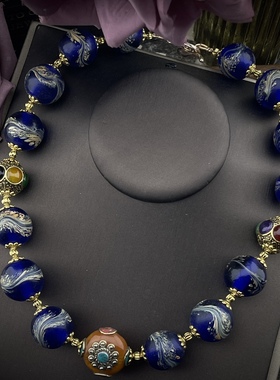 中古Vintage复古大气时尚气质老琉璃蓝色凤尾大尺寸蓝凤尾项链