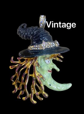 Vintage中古 新品魔法巫婆巫师帽子星星珐琅捷克钻镶嵌奢华款吊坠