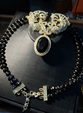 中古Vintage 原创设计时尚双马头黑色大宝石双层坠饰项链