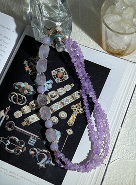 Vintage中古紫水晶随形石搭配水晶小碎石串珠通透轻盈温柔款项链