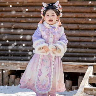 2026年新款汉服女童冬加厚套装新中式马年新品加绒粉色女童拜年服