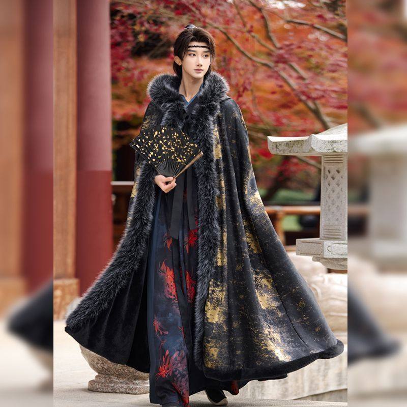 男女同款大氅斗篷汉服秋冬季长款毛领加绒加厚保暖黑红披风感披肩