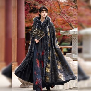 男女同款大氅斗篷汉服秋冬季长款毛领加绒加厚保暖黑红披风感披肩