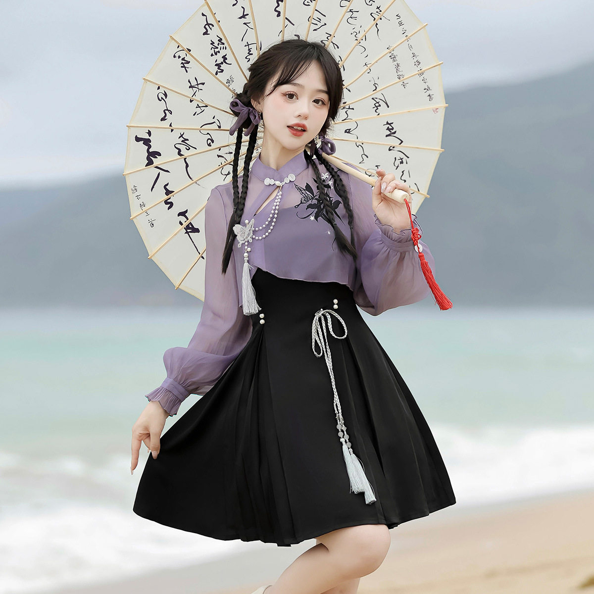 原创鸢尾墨蝶汉服女中国风吊带裙
