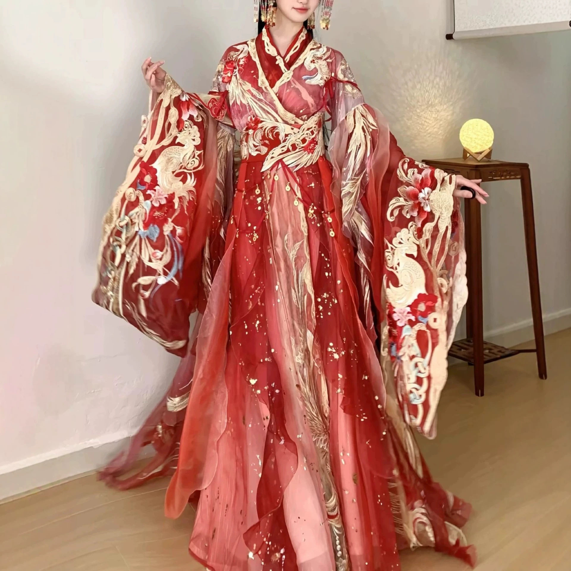 古风汉服女超仙女裙红金色套装
