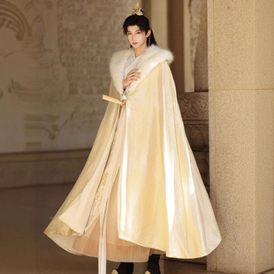 新款原创织金斗篷大氅汉服男女CP大毛领冬季加绒加厚长款披风外套