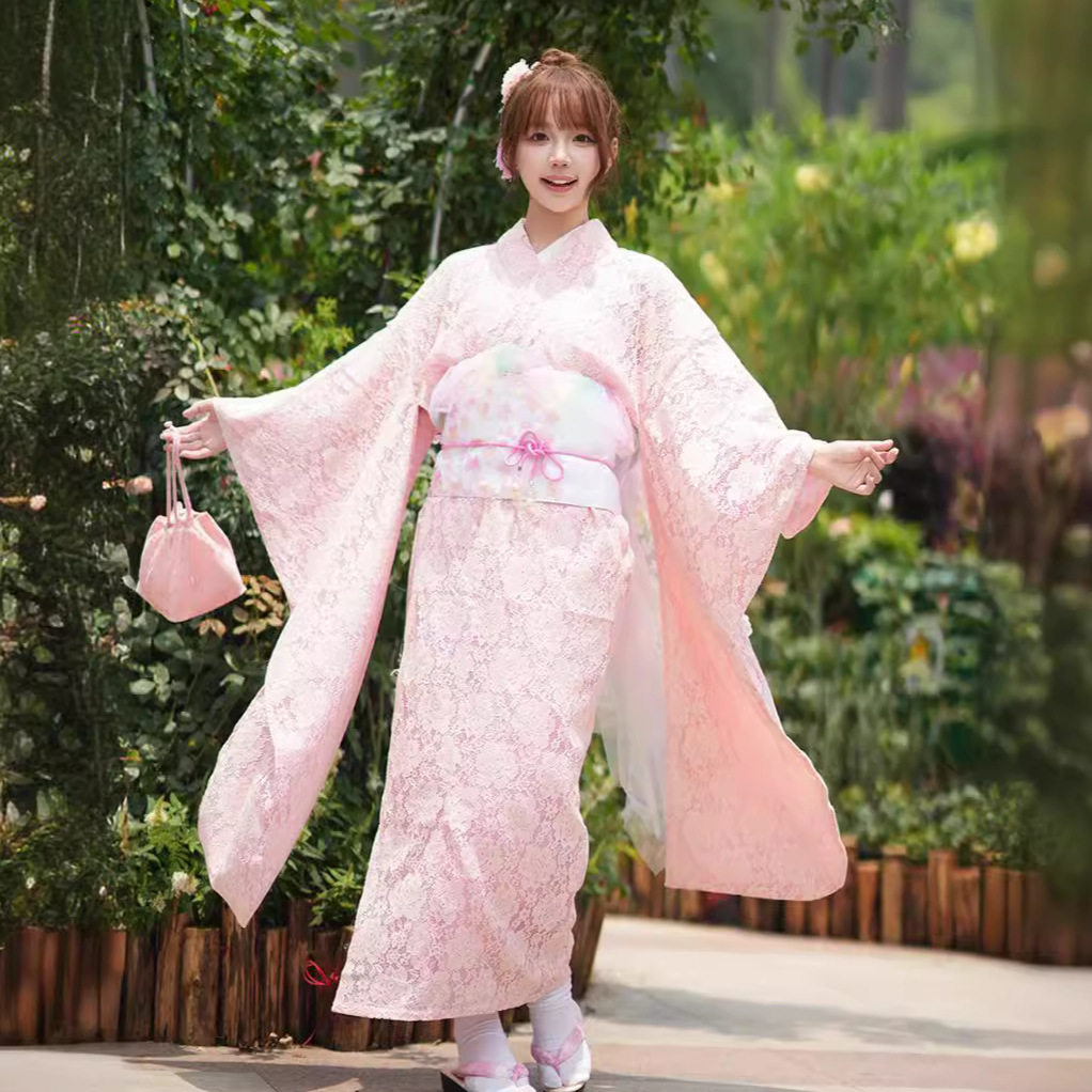 蕾丝和服女粉色改良大振袖毕业礼
