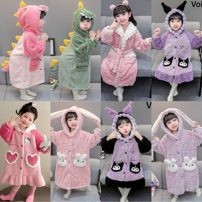 女童睡袍法兰绒睡衣2025新款秋季宝宝小女孩珊瑚绒儿童浴袍睡裙