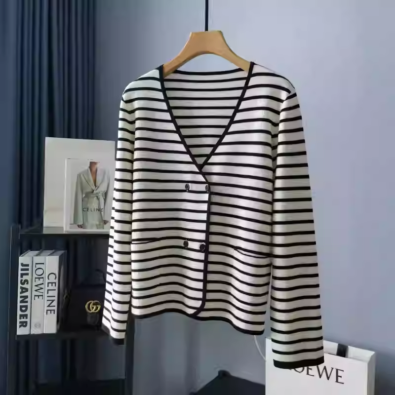 清！！！德国扬子羊毛海魂条纹V领针织开衫外套女