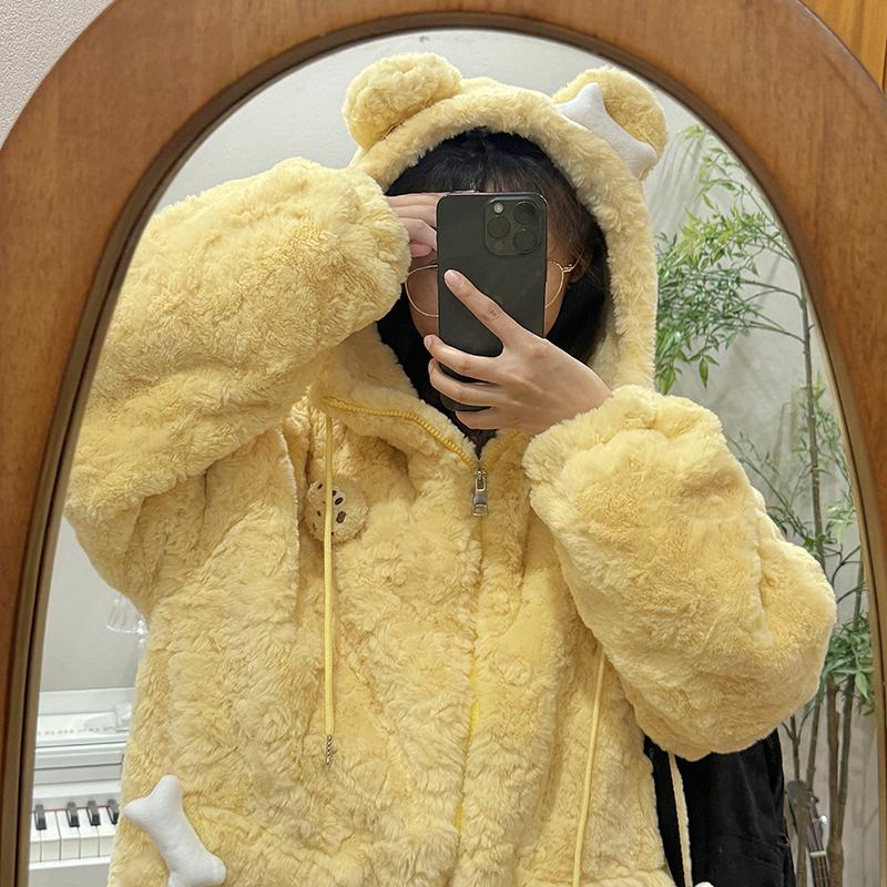 日软妹加绒宽松毛绒外套女秋冬