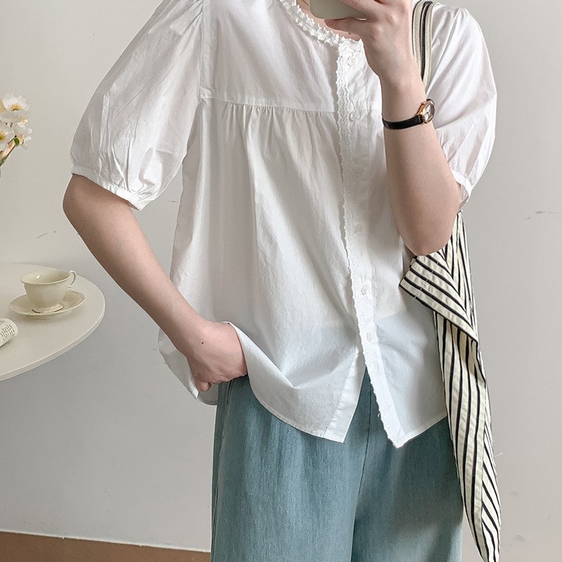 法式甜美木耳边短袖衬衫
