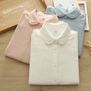 小清新百搭文艺亲肤柔软白衬衣棉纱 女春秋季 纯色花边领长袖 衬衫