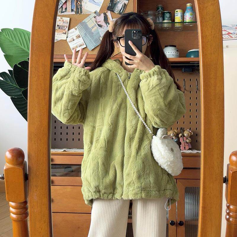 韩版减龄可爱小个子恐龙绿色加绒加厚毛绒外套女冬季宽松连帽棉衣