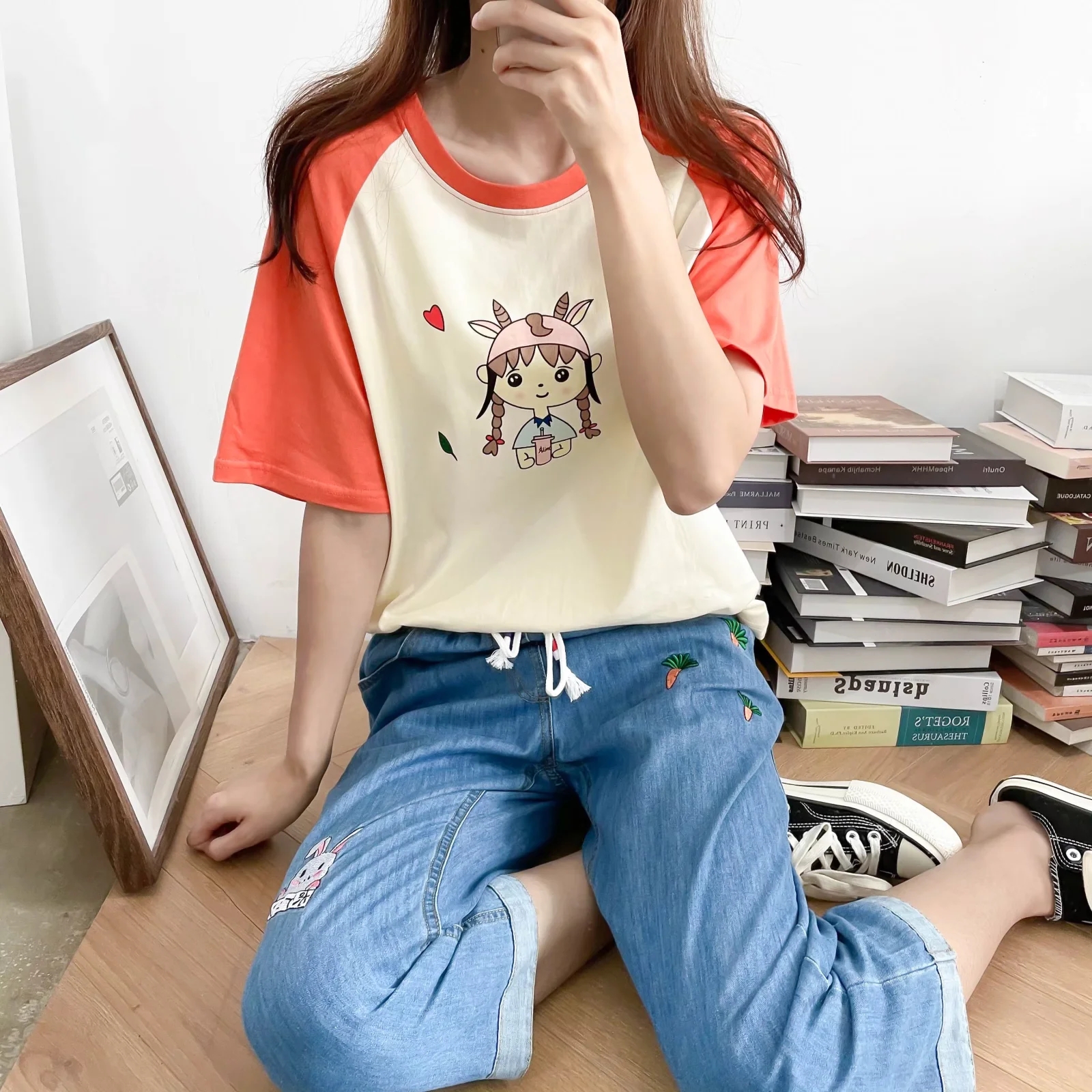 清仓森系学院风可爱卡通小女孩纯棉插肩袖短袖T恤女上衣宽松半袖