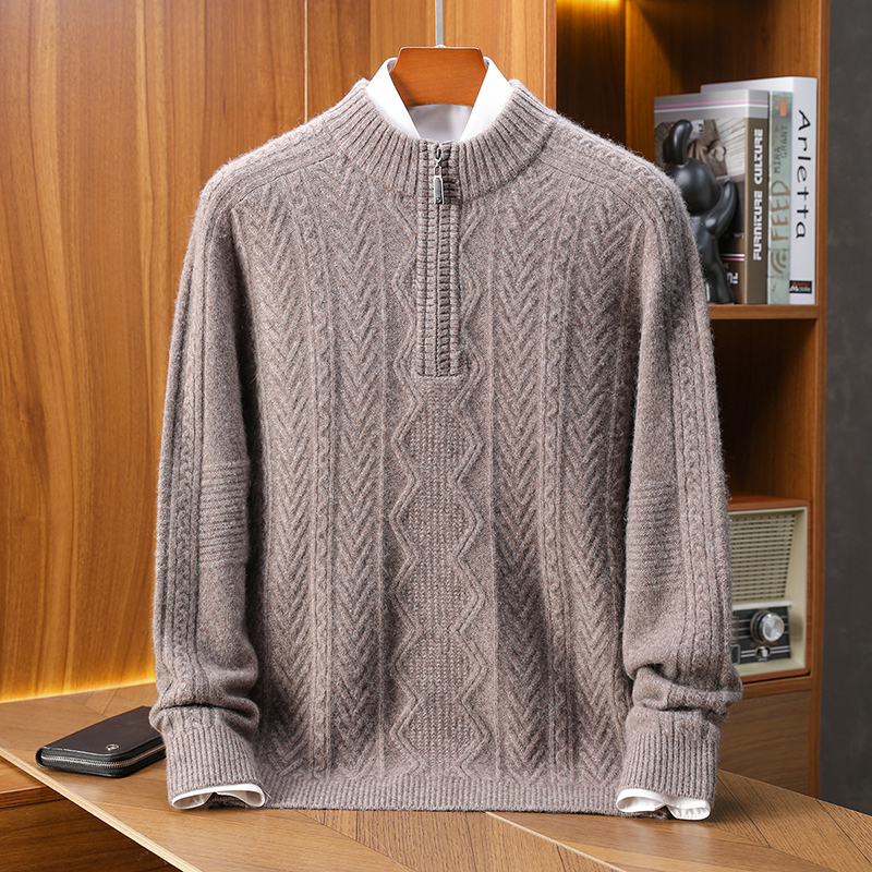 冬季特级100%纯山羊绒衫男款半高领拉链加厚宽松大码羊毛衣针织衫
