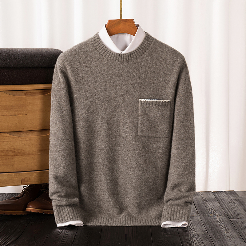 秋冬新款100纯山羊绒衫男装圆领口袋加厚毛衣中年打底羊毛针织衫