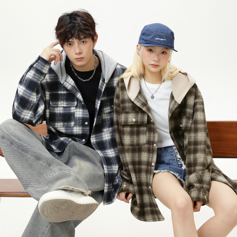 磨毛格子撞色拼接连帽长袖衬衫男秋季款潮牌宽松复古开衫衬衣外套