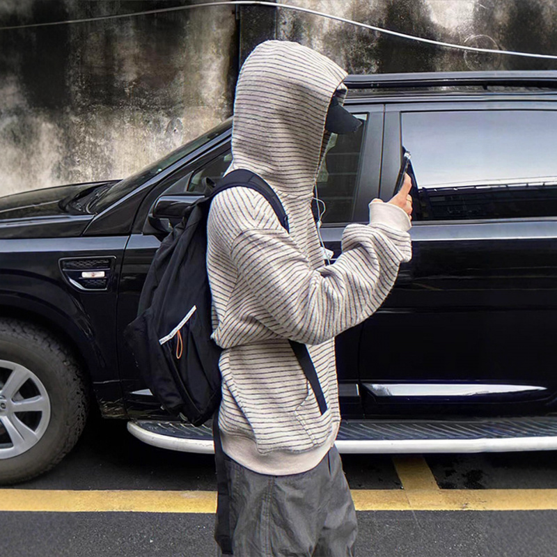 黑白条纹连帽开衫卫衣男款秋季潮