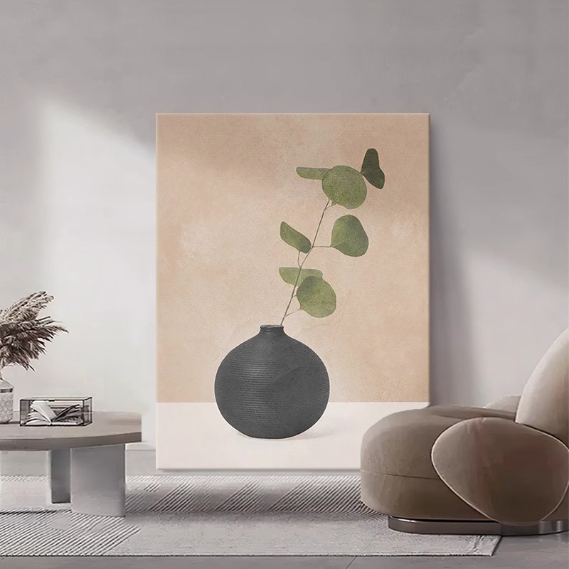 侘寂风极简花瓶纯手绘油画玄关装饰画客厅绿色植物莫兰迪丙烯挂画图片