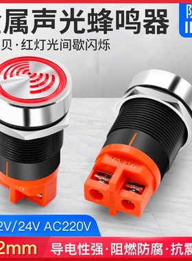 22MM金属蜂鸣器报警器220V间断闪光LED红色发光断续有源声光24V